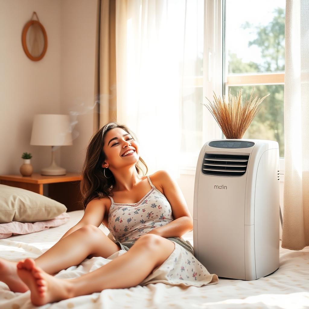 Woman relaxing next to Qinux BreezaMax Portable AC