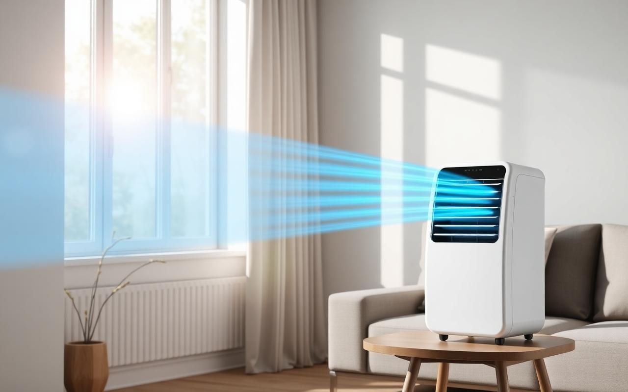 Portable air conditioner cooling a modern living room